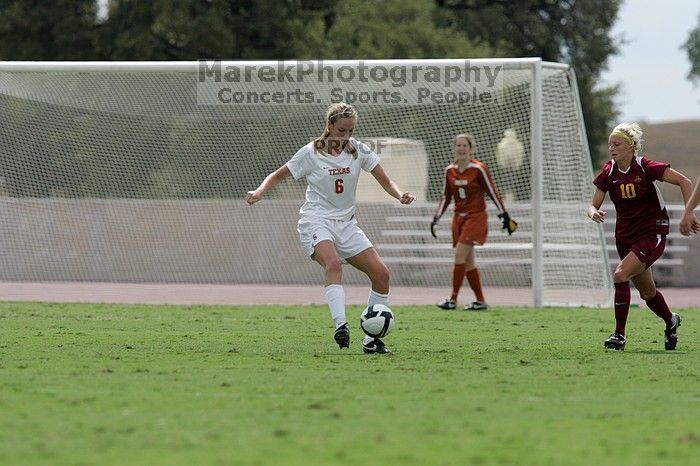 UT freshman Lucy Keith (#6, Midfielder).  The University of Texas women's soccer team won 2-1 against the Iowa State Cyclones Sunday afternoon, October 5, 2008.

Filename: SRM_20081005_12334636.jpg
Aperture: f/5.6
Shutter Speed: 1/2500
Body: Canon EOS-1D Mark II
Lens: Canon EF 300mm f/2.8 L IS