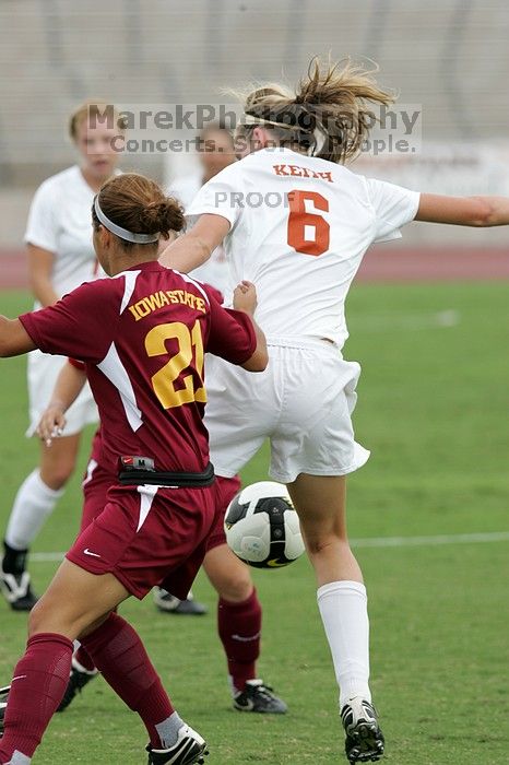 UT freshman Lucy Keith (#6, Midfielder) in the second half.  The University of Texas women's soccer team won 2-1 against the Iowa State Cyclones Sunday afternoon, October 5, 2008.

Filename: SRM_20081005_13023297.jpg
Aperture: f/5.6
Shutter Speed: 1/1000
Body: Canon EOS-1D Mark II
Lens: Canon EF 300mm f/2.8 L IS