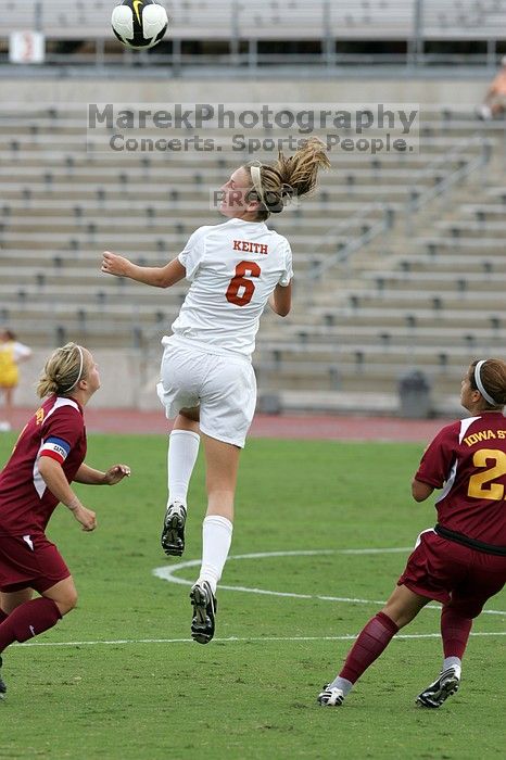 UT freshman Lucy Keith (#6, Midfielder) in the second half.  The University of Texas women's soccer team won 2-1 against the Iowa State Cyclones Sunday afternoon, October 5, 2008.

Filename: SRM_20081005_13024403.jpg
Aperture: f/5.6
Shutter Speed: 1/1250
Body: Canon EOS-1D Mark II
Lens: Canon EF 300mm f/2.8 L IS