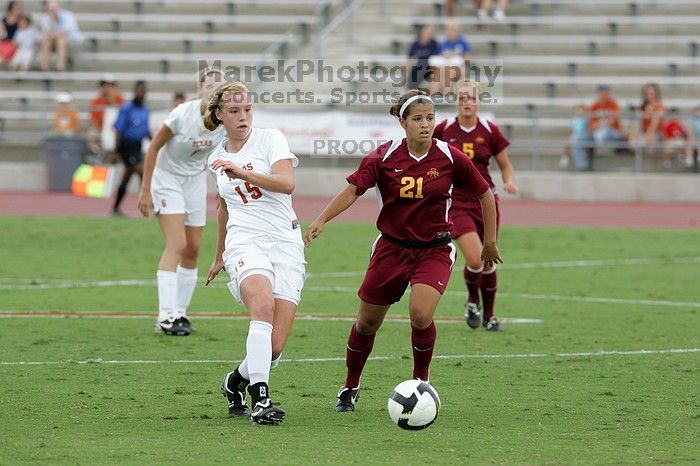 UT freshman Kylie Doniak (#15, Midfielder) in the second half.  The University of Texas women's soccer team won 2-1 against the Iowa State Cyclones Sunday afternoon, October 5, 2008.

Filename: SRM_20081005_13033231.jpg
Aperture: f/5.0
Shutter Speed: 1/1250
Body: Canon EOS-1D Mark II
Lens: Canon EF 300mm f/2.8 L IS