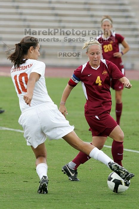 UT senior Stephanie Logterman (#10, Defender) in the second half.  The University of Texas women's soccer team won 2-1 against the Iowa State Cyclones Sunday afternoon, October 5, 2008.

Filename: SRM_20081005_13033832.jpg
Aperture: f/5.6
Shutter Speed: 1/1000
Body: Canon EOS-1D Mark II
Lens: Canon EF 300mm f/2.8 L IS