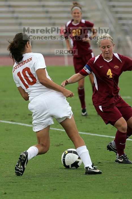 UT senior Stephanie Logterman (#10, Defender) in the second half.  The University of Texas women's soccer team won 2-1 against the Iowa State Cyclones Sunday afternoon, October 5, 2008.

Filename: SRM_20081005_13033833.jpg
Aperture: f/5.6
Shutter Speed: 1/1600
Body: Canon EOS-1D Mark II
Lens: Canon EF 300mm f/2.8 L IS