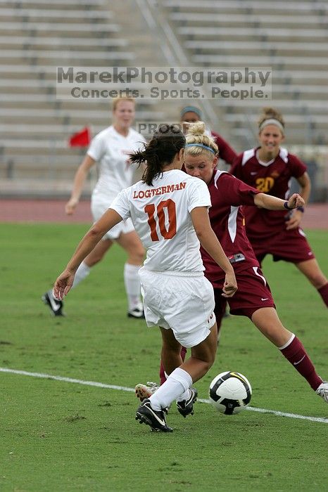 UT senior Stephanie Logterman (#10, Defender) in the second half.  The University of Texas women's soccer team won 2-1 against the Iowa State Cyclones Sunday afternoon, October 5, 2008.

Filename: SRM_20081005_13034038.jpg
Aperture: f/5.6
Shutter Speed: 1/1600
Body: Canon EOS-1D Mark II
Lens: Canon EF 300mm f/2.8 L IS