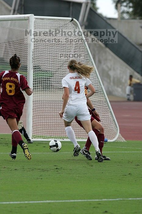 UT senior Jill Gilbeau (#4, Defender and Midfielder) makes a drive and then shot on goal in the second half.  The University of Texas women's soccer team won 2-1 against the Iowa State Cyclones Sunday afternoon, October 5, 2008.

Filename: SRM_20081005_13070688.jpg
Aperture: f/5.6
Shutter Speed: 1/1600
Body: Canon EOS-1D Mark II
Lens: Canon EF 300mm f/2.8 L IS