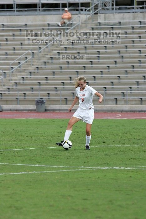 UT freshman Lucy Keith (#6, Midfielder) in the second half.  The University of Texas women's soccer team won 2-1 against the Iowa State Cyclones Sunday afternoon, October 5, 2008.

Filename: SRM_20081005_13072294.jpg
Aperture: f/5.6
Shutter Speed: 1/1250
Body: Canon EOS-1D Mark II
Lens: Canon EF 300mm f/2.8 L IS