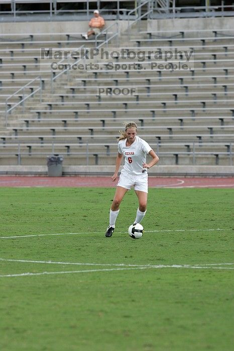 UT freshman Lucy Keith (#6, Midfielder) in the second half.  The University of Texas women's soccer team won 2-1 against the Iowa State Cyclones Sunday afternoon, October 5, 2008.

Filename: SRM_20081005_13072495.jpg
Aperture: f/5.6
Shutter Speed: 1/1250
Body: Canon EOS-1D Mark II
Lens: Canon EF 300mm f/2.8 L IS