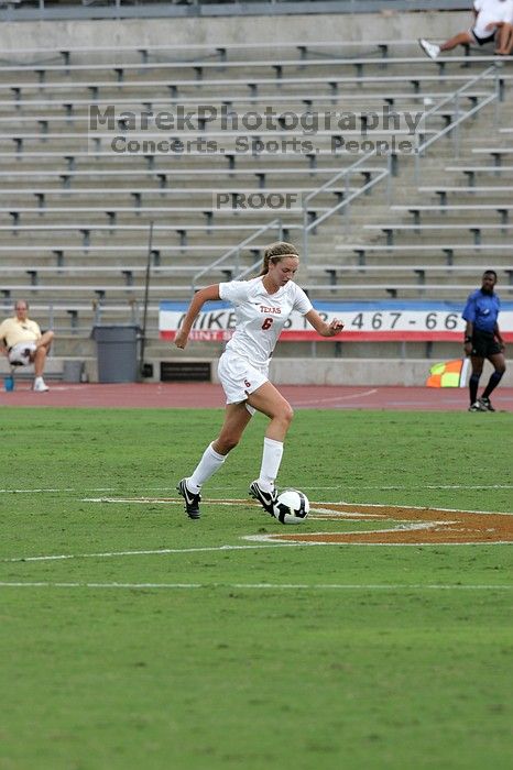 UT freshman Lucy Keith (#6, Midfielder) in the second half.  The University of Texas women's soccer team won 2-1 against the Iowa State Cyclones Sunday afternoon, October 5, 2008.

Filename: SRM_20081005_13072497.jpg
Aperture: f/5.6
Shutter Speed: 1/1250
Body: Canon EOS-1D Mark II
Lens: Canon EF 300mm f/2.8 L IS