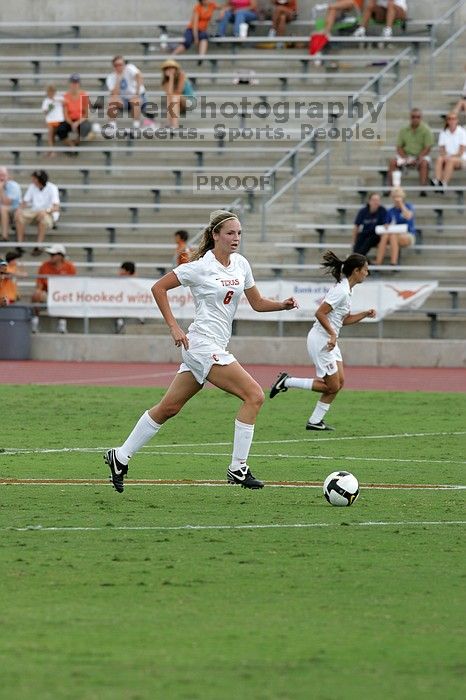 UT freshman Lucy Keith (#6, Midfielder) in the second half.  The University of Texas women's soccer team won 2-1 against the Iowa State Cyclones Sunday afternoon, October 5, 2008.

Filename: SRM_20081005_13072803.jpg
Aperture: f/5.6
Shutter Speed: 1/1250
Body: Canon EOS-1D Mark II
Lens: Canon EF 300mm f/2.8 L IS