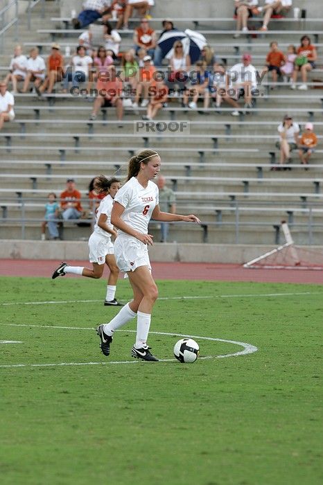 UT freshman Lucy Keith (#6, Midfielder) in the second half.  The University of Texas women's soccer team won 2-1 against the Iowa State Cyclones Sunday afternoon, October 5, 2008.

Filename: SRM_20081005_13072805.jpg
Aperture: f/5.6
Shutter Speed: 1/1250
Body: Canon EOS-1D Mark II
Lens: Canon EF 300mm f/2.8 L IS