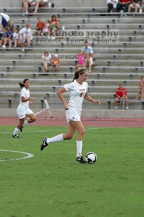 UT freshman Lucy Keith (#6, Midfielder) in the second half.  The University of Texas women's soccer team won 2-1 against the Iowa State Cyclones Sunday afternoon, October 5, 2008.

Filename: SRM_20081005_13072807.jpg
Aperture: f/5.6
Shutter Speed: 1/1600
Body: Canon EOS-1D Mark II
Lens: Canon EF 300mm f/2.8 L IS