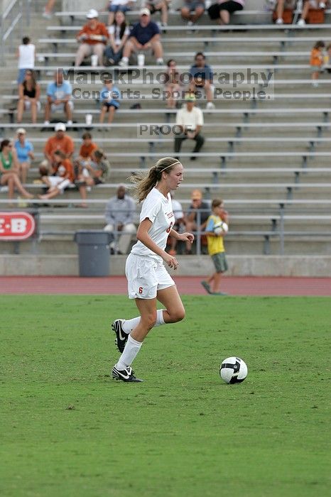 UT freshman Lucy Keith (#6, Midfielder) in the second half.  The University of Texas women's soccer team won 2-1 against the Iowa State Cyclones Sunday afternoon, October 5, 2008.

Filename: SRM_20081005_13073012.jpg
Aperture: f/5.6
Shutter Speed: 1/1250
Body: Canon EOS-1D Mark II
Lens: Canon EF 300mm f/2.8 L IS