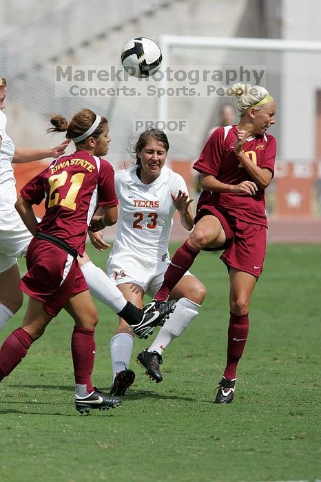 UT senior Courtney Gaines (#23, Midfielder) in the second half.  The University of Texas women's soccer team won 2-1 against the Iowa State Cyclones Sunday afternoon, October 5, 2008.

Filename: SRM_20081005_13101047.jpg
Aperture: f/5.6
Shutter Speed: 1/3200
Body: Canon EOS-1D Mark II
Lens: Canon EF 300mm f/2.8 L IS