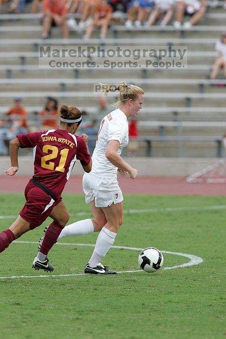 UT freshman Courtney Goodson (#7, Forward and Midfielder) in the second half.  The University of Texas women's soccer team won 2-1 against the Iowa State Cyclones Sunday afternoon, October 5, 2008.

Filename: SRM_20081005_13110655.jpg
Aperture: f/5.6
Shutter Speed: 1/1000
Body: Canon EOS-1D Mark II
Lens: Canon EF 300mm f/2.8 L IS