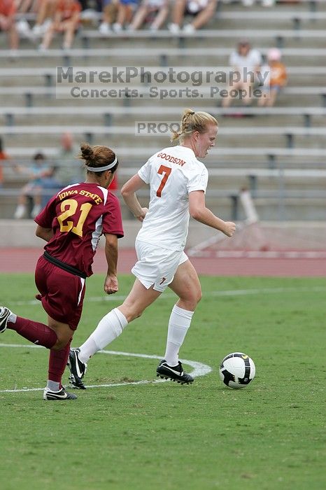 UT freshman Courtney Goodson (#7, Forward and Midfielder) in the second half.  The University of Texas women's soccer team won 2-1 against the Iowa State Cyclones Sunday afternoon, October 5, 2008.

Filename: SRM_20081005_13110656.jpg
Aperture: f/5.6
Shutter Speed: 1/1000
Body: Canon EOS-1D Mark II
Lens: Canon EF 300mm f/2.8 L IS