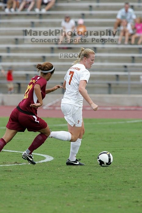 UT freshman Courtney Goodson (#7, Forward and Midfielder) in the second half.  The University of Texas women's soccer team won 2-1 against the Iowa State Cyclones Sunday afternoon, October 5, 2008.

Filename: SRM_20081005_13110657.jpg
Aperture: f/5.6
Shutter Speed: 1/1250
Body: Canon EOS-1D Mark II
Lens: Canon EF 300mm f/2.8 L IS