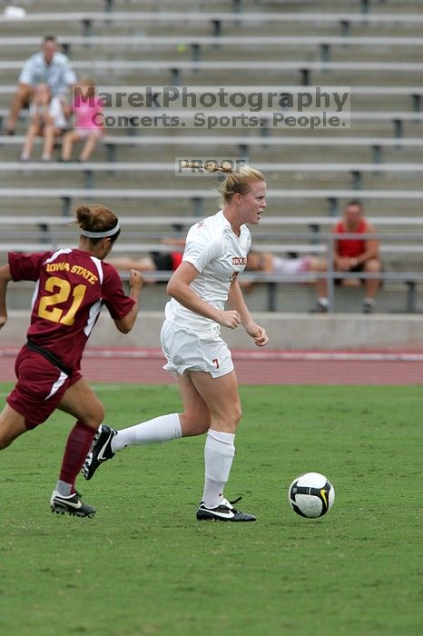 UT freshman Courtney Goodson (#7, Forward and Midfielder) in the second half.  The University of Texas women's soccer team won 2-1 against the Iowa State Cyclones Sunday afternoon, October 5, 2008.

Filename: SRM_20081005_13110658.jpg
Aperture: f/5.6
Shutter Speed: 1/1250
Body: Canon EOS-1D Mark II
Lens: Canon EF 300mm f/2.8 L IS