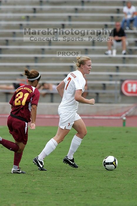 UT freshman Courtney Goodson (#7, Forward and Midfielder) in the second half.  The University of Texas women's soccer team won 2-1 against the Iowa State Cyclones Sunday afternoon, October 5, 2008.

Filename: SRM_20081005_13110659.jpg
Aperture: f/5.6
Shutter Speed: 1/1250
Body: Canon EOS-1D Mark II
Lens: Canon EF 300mm f/2.8 L IS