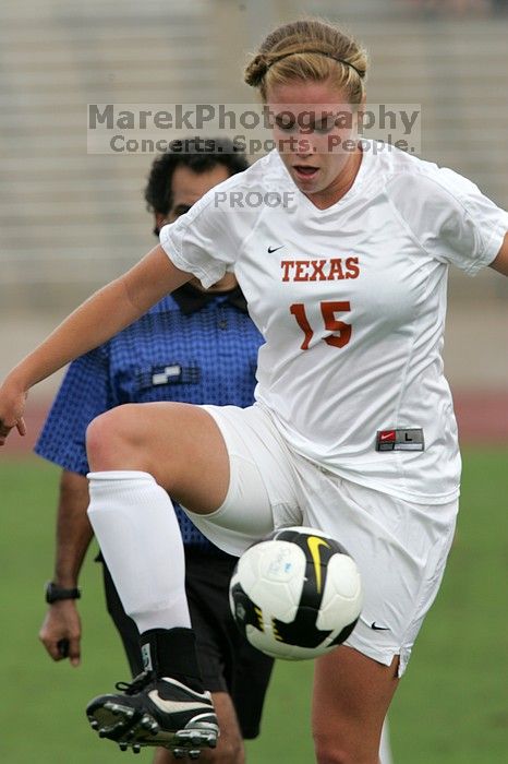 UT freshman Kylie Doniak (#15, Midfielder) in the second half.  The University of Texas women's soccer team won 2-1 against the Iowa State Cyclones Sunday afternoon, October 5, 2008.

Filename: SRM_20081005_13164237.jpg
Aperture: f/5.6
Shutter Speed: 1/1600
Body: Canon EOS-1D Mark II
Lens: Canon EF 300mm f/2.8 L IS