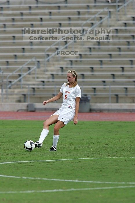 UT freshman Lucy Keith (#6, Midfielder) passes the ball in the second half.  The University of Texas women's soccer team won 2-1 against the Iowa State Cyclones Sunday afternoon, October 5, 2008.

Filename: SRM_20081005_13180892.jpg
Aperture: f/5.6
Shutter Speed: 1/1600
Body: Canon EOS-1D Mark II
Lens: Canon EF 300mm f/2.8 L IS