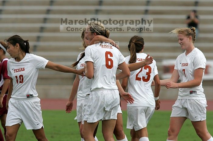 UT sophomore Alisha Ortiz (#12, Forward) congratulates UT freshman Lucy Keith (#6, Midfielder) on her goal in the second half.  The University of Texas women's soccer team won 2-1 against the Iowa State Cyclones Sunday afternoon, October 5, 2008.

Filename: SRM_20081005_13190620.jpg
Aperture: f/5.6
Shutter Speed: 1/2000
Body: Canon EOS-1D Mark II
Lens: Canon EF 300mm f/2.8 L IS