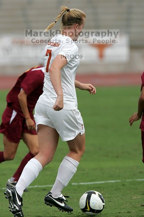 UT freshman Courtney Goodson (#7, Forward and Midfielder) in the second half.  The University of Texas women's soccer team won 2-1 against the Iowa State Cyclones Sunday afternoon, October 5, 2008.

Filename: SRM_20081005_13205652.jpg
Aperture: f/5.6
Shutter Speed: 1/2000
Body: Canon EOS-1D Mark II
Lens: Canon EF 300mm f/2.8 L IS