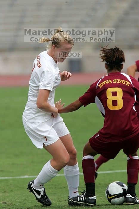 UT freshman Courtney Goodson (#7, Forward and Midfielder) in the second half.  The University of Texas women's soccer team won 2-1 against the Iowa State Cyclones Sunday afternoon, October 5, 2008.

Filename: SRM_20081005_13205854.jpg
Aperture: f/5.6
Shutter Speed: 1/2000
Body: Canon EOS-1D Mark II
Lens: Canon EF 300mm f/2.8 L IS