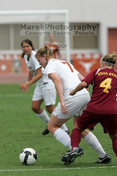 UT freshman Courtney Goodson (#7, Forward and Midfielder) in the second half.  The University of Texas women's soccer team won 2-1 against the Iowa State Cyclones Sunday afternoon, October 5, 2008.

Filename: SRM_20081005_13210463.jpg
Aperture: f/5.6
Shutter Speed: 1/2000
Body: Canon EOS-1D Mark II
Lens: Canon EF 300mm f/2.8 L IS