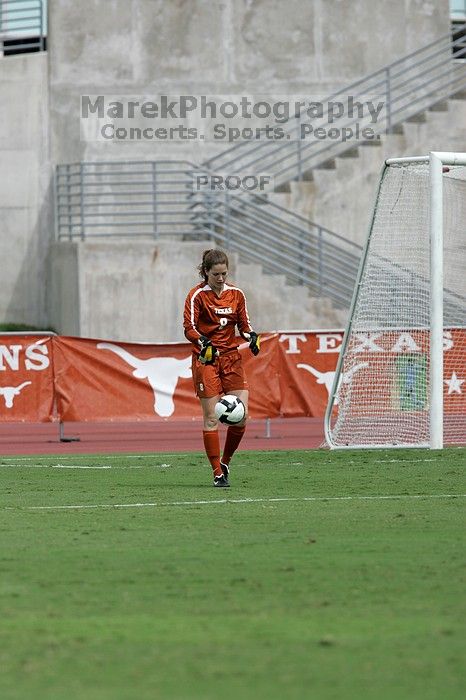 UT senior Dianna Pfenninger (#8, Goalkeeper) punts the ball in the second half.  The University of Texas women's soccer team won 2-1 against the Iowa State Cyclones Sunday afternoon, October 5, 2008.

Filename: SRM_20081005_13225290.jpg
Aperture: f/5.6
Shutter Speed: 1/2500
Body: Canon EOS-1D Mark II
Lens: Canon EF 300mm f/2.8 L IS