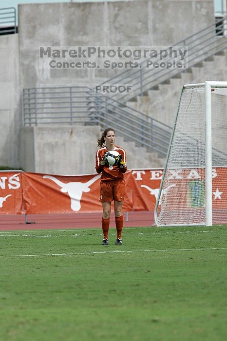 UT senior Dianna Pfenninger (#8, Goalkeeper) punts the ball in the second half.  The University of Texas women's soccer team won 2-1 against the Iowa State Cyclones Sunday afternoon, October 5, 2008.

Filename: SRM_20081005_13225492.jpg
Aperture: f/5.6
Shutter Speed: 1/2000
Body: Canon EOS-1D Mark II
Lens: Canon EF 300mm f/2.8 L IS