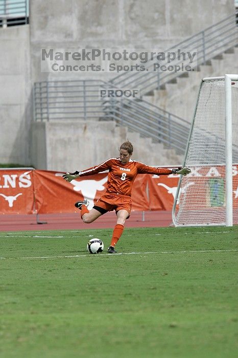 UT senior Dianna Pfenninger (#8, Goalkeeper) punts the ball in the second half.  The University of Texas women's soccer team won 2-1 against the Iowa State Cyclones Sunday afternoon, October 5, 2008.

Filename: SRM_20081005_13225896.jpg
Aperture: f/5.6
Shutter Speed: 1/2500
Body: Canon EOS-1D Mark II
Lens: Canon EF 300mm f/2.8 L IS