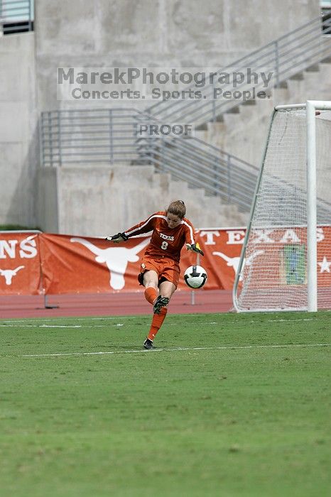 UT senior Dianna Pfenninger (#8, Goalkeeper) punts the ball in the second half.  The University of Texas women's soccer team won 2-1 against the Iowa State Cyclones Sunday afternoon, October 5, 2008.

Filename: SRM_20081005_13225897.jpg
Aperture: f/5.6
Shutter Speed: 1/2500
Body: Canon EOS-1D Mark II
Lens: Canon EF 300mm f/2.8 L IS