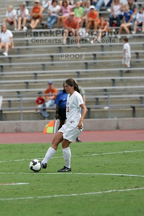 UT senior Courtney Gaines (#23, Midfielder) in the second half.  The University of Texas women's soccer team won 2-1 against the Iowa State Cyclones Sunday afternoon, October 5, 2008.

Filename: SRM_20081005_13233234.jpg
Aperture: f/5.6
Shutter Speed: 1/2000
Body: Canon EOS-1D Mark II
Lens: Canon EF 300mm f/2.8 L IS