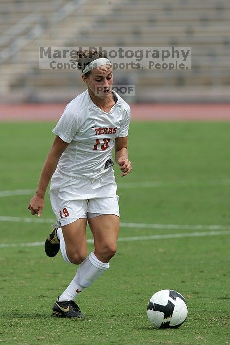 UT sophomore Erica Campanelli (#19, Defender) in the second half.  The University of Texas women's soccer team won 2-1 against the Iowa State Cyclones Sunday afternoon, October 5, 2008.

Filename: SRM_20081005_13234046.jpg
Aperture: f/5.6
Shutter Speed: 1/2000
Body: Canon EOS-1D Mark II
Lens: Canon EF 300mm f/2.8 L IS