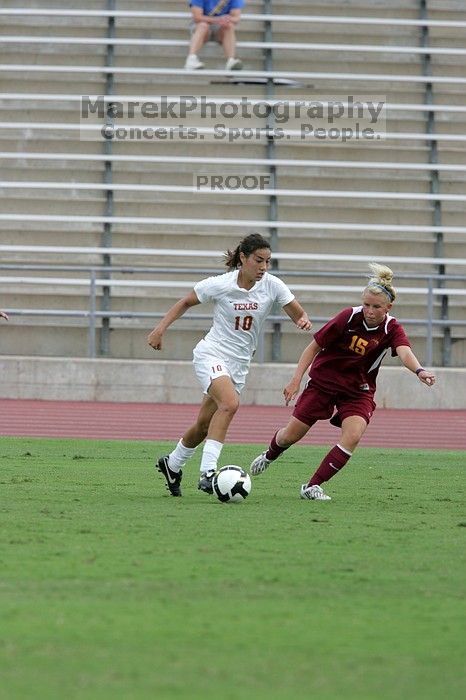 UT senior Stephanie Logterman (#10, Defender) in the second half.  The University of Texas women's soccer team won 2-1 against the Iowa State Cyclones Sunday afternoon, October 5, 2008.

Filename: SRM_20081005_13253694.jpg
Aperture: f/5.6
Shutter Speed: 1/1250
Body: Canon EOS-1D Mark II
Lens: Canon EF 300mm f/2.8 L IS