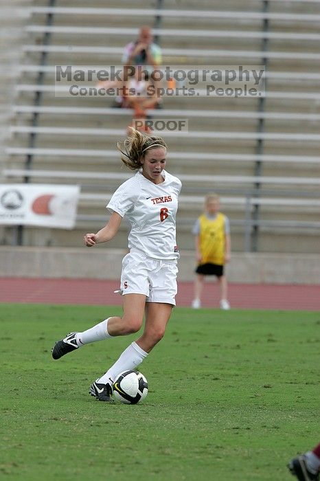 UT freshman Lucy Keith (#6, Midfielder) in the second half.  The University of Texas women's soccer team won 2-1 against the Iowa State Cyclones Sunday afternoon, October 5, 2008.

Filename: SRM_20081005_13254622.jpg
Aperture: f/5.6
Shutter Speed: 1/1600
Body: Canon EOS-1D Mark II
Lens: Canon EF 300mm f/2.8 L IS