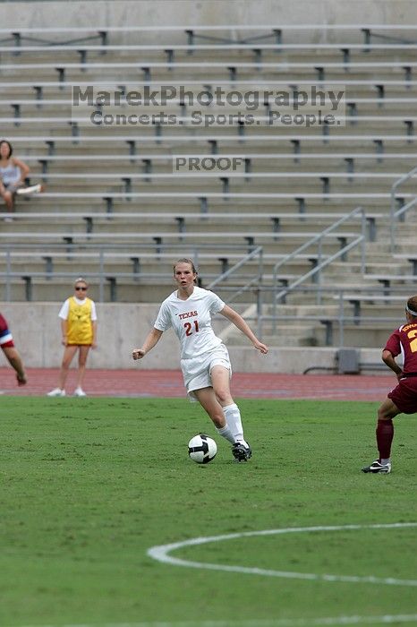 UT junior Emily Anderson (#21, Forward) in the second half.  The University of Texas women's soccer team won 2-1 against the Iowa State Cyclones Sunday afternoon, October 5, 2008.

Filename: SRM_20081005_13264845.jpg
Aperture: f/5.6
Shutter Speed: 1/1600
Body: Canon EOS-1D Mark II
Lens: Canon EF 300mm f/2.8 L IS