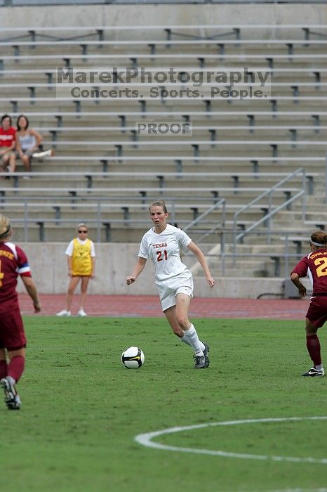 UT junior Emily Anderson (#21, Forward) in the second half.  The University of Texas women's soccer team won 2-1 against the Iowa State Cyclones Sunday afternoon, October 5, 2008.

Filename: SRM_20081005_13264846.jpg
Aperture: f/5.6
Shutter Speed: 1/1600
Body: Canon EOS-1D Mark II
Lens: Canon EF 300mm f/2.8 L IS