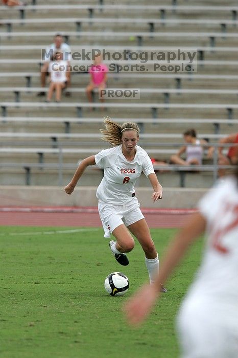 UT freshman Lucy Keith (#6, Midfielder) in the second half.  The University of Texas women's soccer team won 2-1 against the Iowa State Cyclones Sunday afternoon, October 5, 2008.

Filename: SRM_20081005_13282280.jpg
Aperture: f/5.6
Shutter Speed: 1/1600
Body: Canon EOS-1D Mark II
Lens: Canon EF 300mm f/2.8 L IS