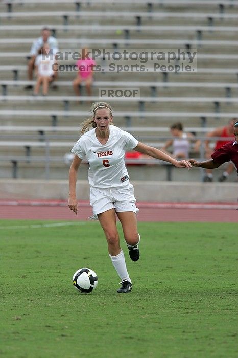 UT freshman Lucy Keith (#6, Midfielder) in the second half.  The University of Texas women's soccer team won 2-1 against the Iowa State Cyclones Sunday afternoon, October 5, 2008.

Filename: SRM_20081005_13282281.jpg
Aperture: f/5.6
Shutter Speed: 1/1600
Body: Canon EOS-1D Mark II
Lens: Canon EF 300mm f/2.8 L IS