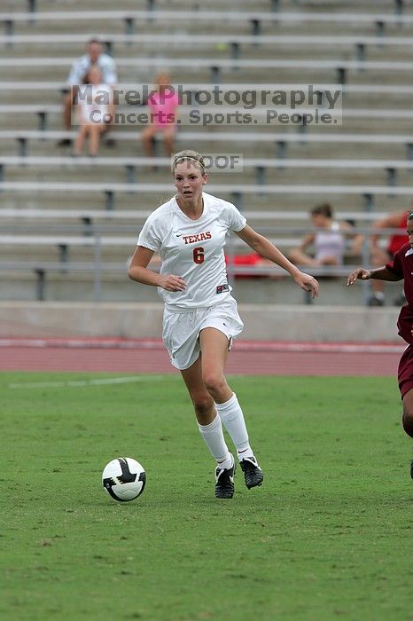 UT freshman Lucy Keith (#6, Midfielder) in the second half.  The University of Texas women's soccer team won 2-1 against the Iowa State Cyclones Sunday afternoon, October 5, 2008.

Filename: SRM_20081005_13282282.jpg
Aperture: f/5.6
Shutter Speed: 1/1600
Body: Canon EOS-1D Mark II
Lens: Canon EF 300mm f/2.8 L IS