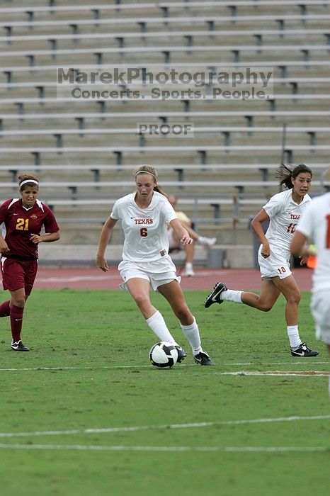 UT freshman Lucy Keith (#6, Midfielder) in the second half.  The University of Texas women's soccer team won 2-1 against the Iowa State Cyclones Sunday afternoon, October 5, 2008.

Filename: SRM_20081005_13285490.jpg
Aperture: f/5.6
Shutter Speed: 1/1250
Body: Canon EOS-1D Mark II
Lens: Canon EF 300mm f/2.8 L IS