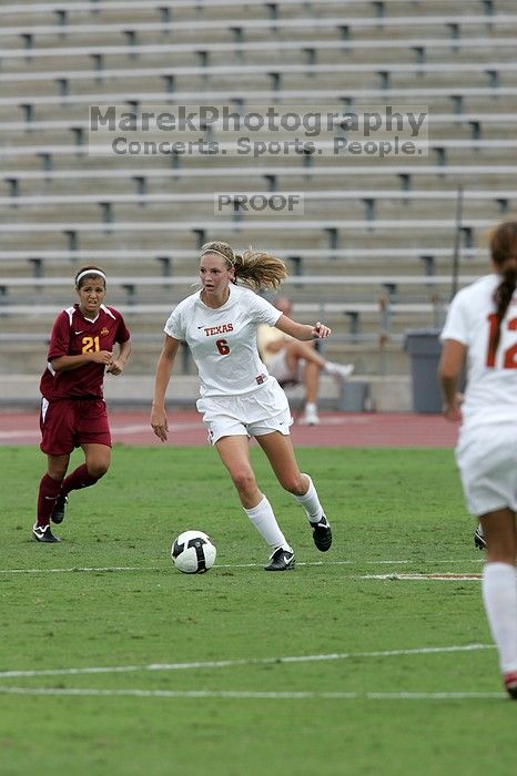 UT freshman Lucy Keith (#6, Midfielder) in the second half.  The University of Texas women's soccer team won 2-1 against the Iowa State Cyclones Sunday afternoon, October 5, 2008.

Filename: SRM_20081005_13285491.jpg
Aperture: f/5.6
Shutter Speed: 1/1250
Body: Canon EOS-1D Mark II
Lens: Canon EF 300mm f/2.8 L IS