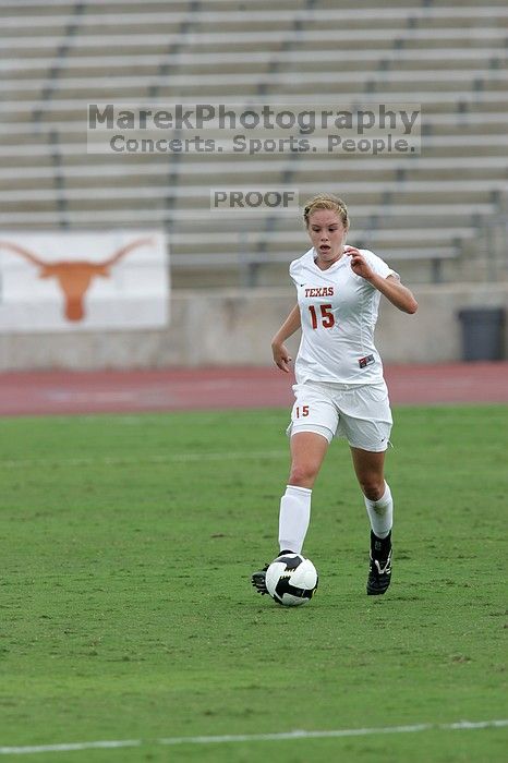 UT freshman Kylie Doniak (#15, Midfielder) in the second half.  The University of Texas women's soccer team won 2-1 against the Iowa State Cyclones Sunday afternoon, October 5, 2008.

Filename: SRM_20081005_13285695.jpg
Aperture: f/5.6
Shutter Speed: 1/1250
Body: Canon EOS-1D Mark II
Lens: Canon EF 300mm f/2.8 L IS