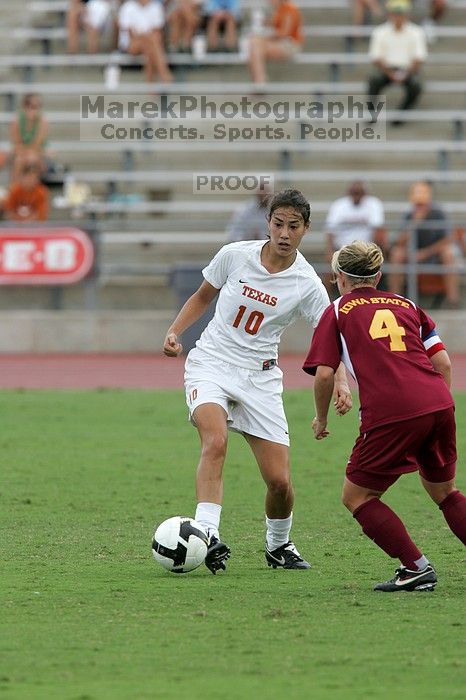 UT senior Stephanie Logterman (#10, Defender) in the second half.  The University of Texas women's soccer team won 2-1 against the Iowa State Cyclones Sunday afternoon, October 5, 2008.

Filename: SRM_20081005_13291299.jpg
Aperture: f/5.6
Shutter Speed: 1/1250
Body: Canon EOS-1D Mark II
Lens: Canon EF 300mm f/2.8 L IS