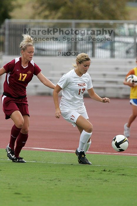 UT sophomore Kate Nicholson (#17, Forward and Midfielder) in the second half.  The University of Texas women's soccer team won 2-1 against the Iowa State Cyclones Sunday afternoon, October 5, 2008.

Filename: SRM_20081005_13305018.jpg
Aperture: f/5.6
Shutter Speed: 1/1250
Body: Canon EOS-1D Mark II
Lens: Canon EF 300mm f/2.8 L IS