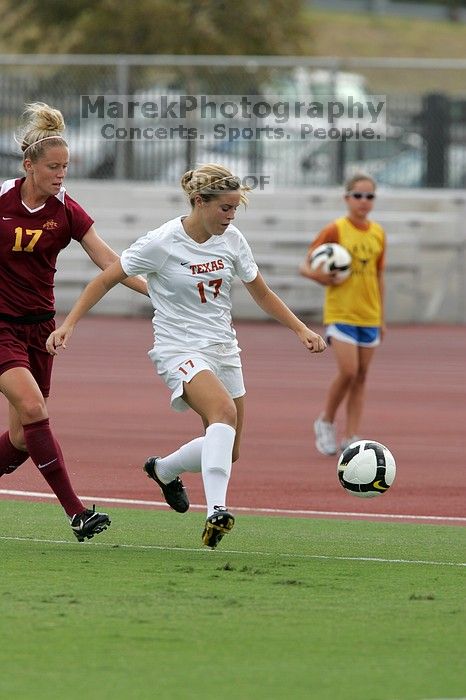 UT sophomore Kate Nicholson (#17, Forward and Midfielder) in the second half.  The University of Texas women's soccer team won 2-1 against the Iowa State Cyclones Sunday afternoon, October 5, 2008.

Filename: SRM_20081005_13305019.jpg
Aperture: f/5.6
Shutter Speed: 1/1250
Body: Canon EOS-1D Mark II
Lens: Canon EF 300mm f/2.8 L IS