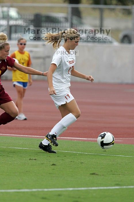 UT sophomore Kate Nicholson (#17, Forward and Midfielder) in the second half.  The University of Texas women's soccer team won 2-1 against the Iowa State Cyclones Sunday afternoon, October 5, 2008.

Filename: SRM_20081005_13305021.jpg
Aperture: f/5.6
Shutter Speed: 1/1250
Body: Canon EOS-1D Mark II
Lens: Canon EF 300mm f/2.8 L IS