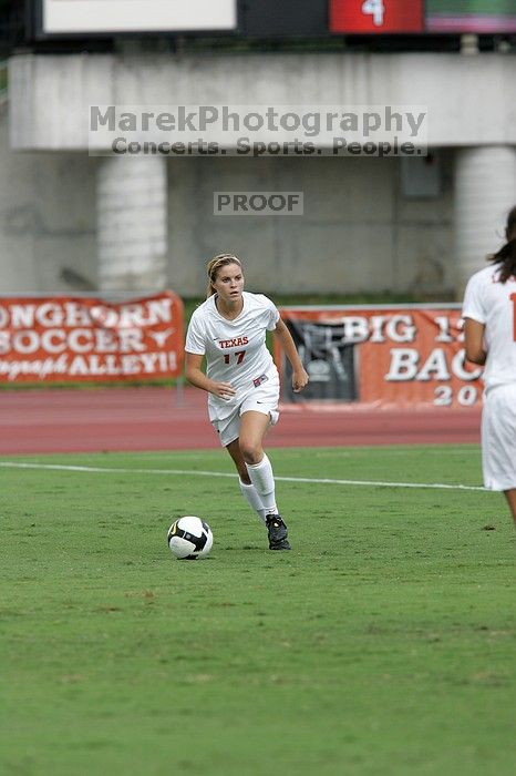 UT sophomore Kate Nicholson (#17, Forward and Midfielder) in the second half.  The University of Texas women's soccer team won 2-1 against the Iowa State Cyclones Sunday afternoon, October 5, 2008.

Filename: SRM_20081005_13314032.jpg
Aperture: f/5.6
Shutter Speed: 1/1250
Body: Canon EOS-1D Mark II
Lens: Canon EF 300mm f/2.8 L IS