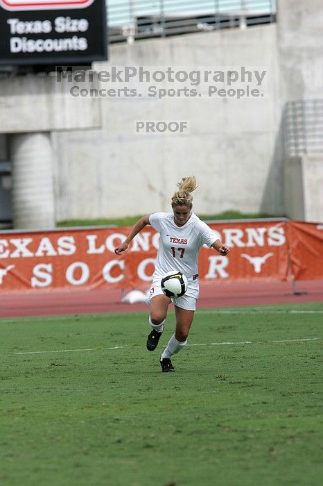 UT sophomore Kate Nicholson (#17, Forward and Midfielder) in the second half.  The University of Texas women's soccer team won 2-1 against the Iowa State Cyclones Sunday afternoon, October 5, 2008.

Filename: SRM_20081005_13365409.jpg
Aperture: f/5.6
Shutter Speed: 1/2500
Body: Canon EOS-1D Mark II
Lens: Canon EF 300mm f/2.8 L IS