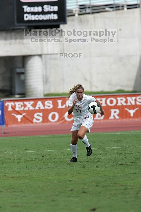 UT sophomore Kate Nicholson (#17, Forward and Midfielder) in the second half.  The University of Texas women's soccer team won 2-1 against the Iowa State Cyclones Sunday afternoon, October 5, 2008.

Filename: SRM_20081005_13365611.jpg
Aperture: f/5.6
Shutter Speed: 1/2500
Body: Canon EOS-1D Mark II
Lens: Canon EF 300mm f/2.8 L IS